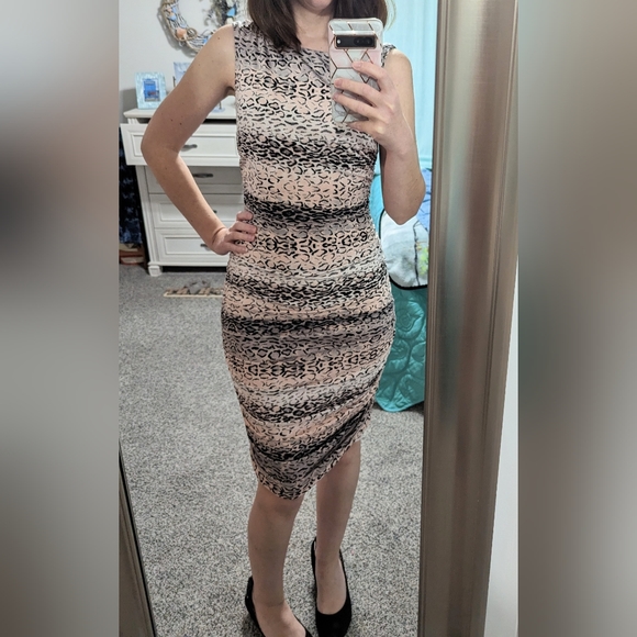 Cache Dresses & Skirts - Cache Cheetah Animal Print Black/Pink Dress with Ruching Detail - Size Medium